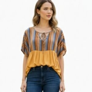 Emery Rose Striped Boho Peasant Top Size L Yellow Blue Orange